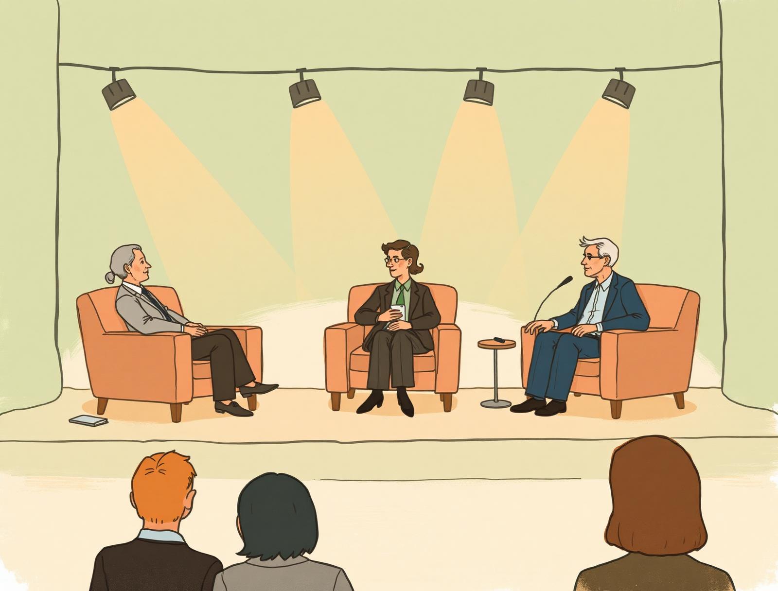 Editorial ilustrace — panelová diskuze tří hostů na pódiu před publikem